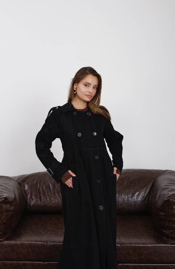 6632-Reglan Kollu Süs Pileli Denim Ceket Siyah