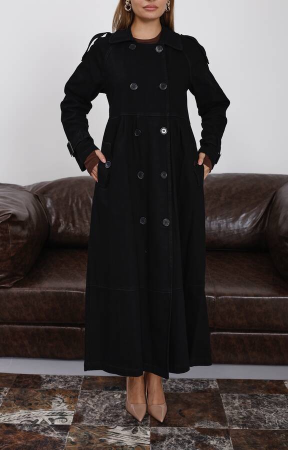 6632-Reglan Kollu Süs Pileli Denim Ceket Siyah