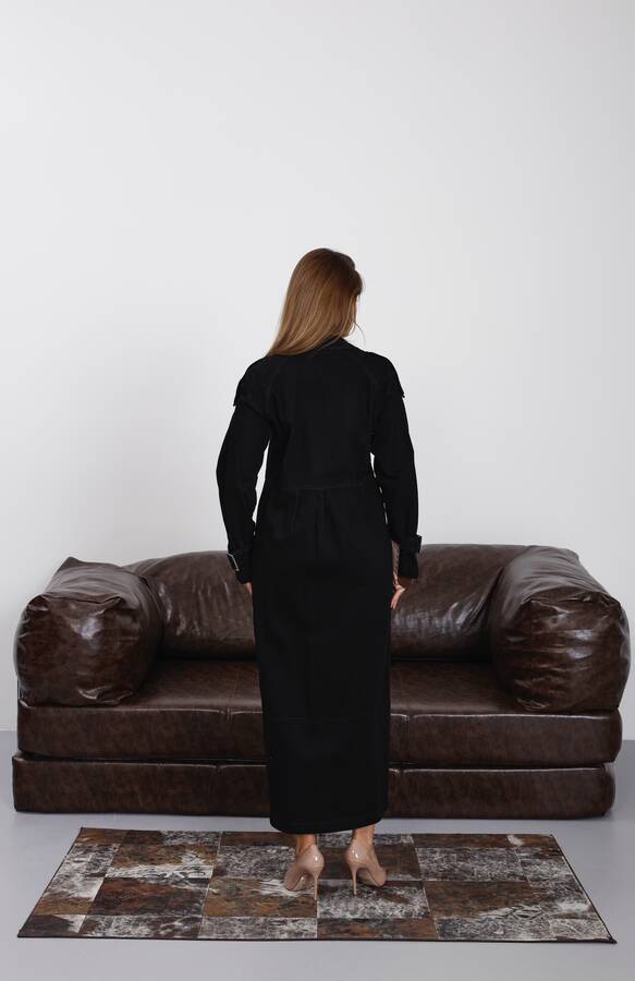 6632-Reglan Kollu Süs Pileli Denim Ceket Siyah