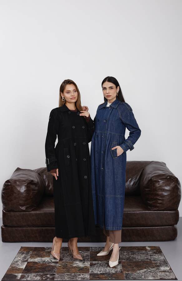 6632-Reglan Kollu Süs Pileli Denim Ceket Siyah