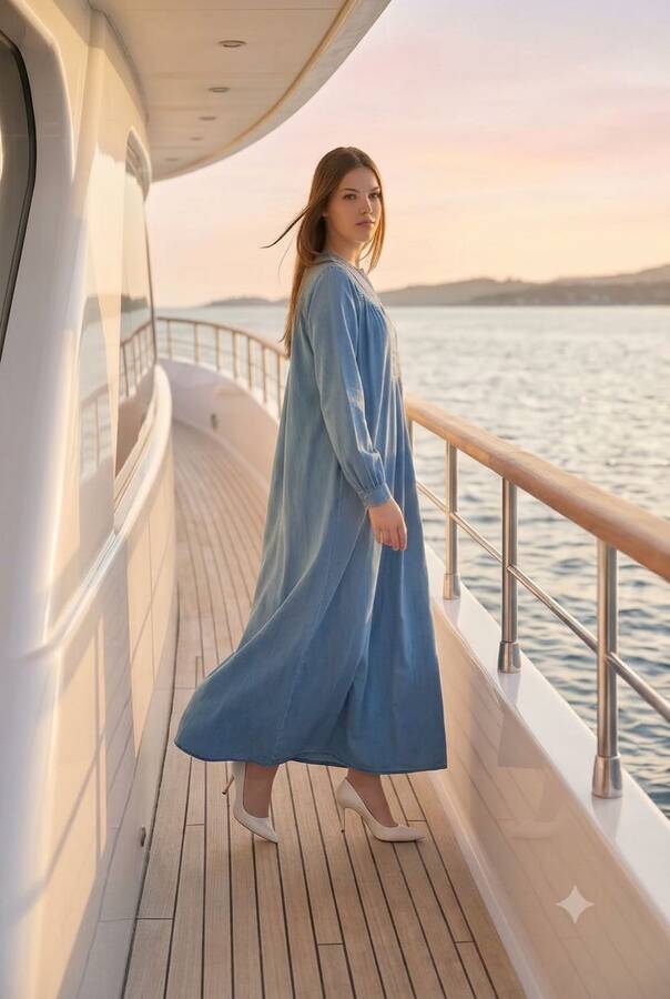 6634-Tensel Denim Elbise Koyu Mavi