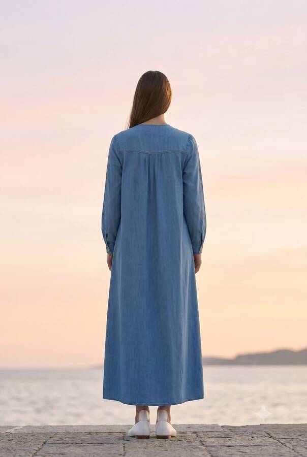 6634-Tensel Denim Elbise Koyu Mavi