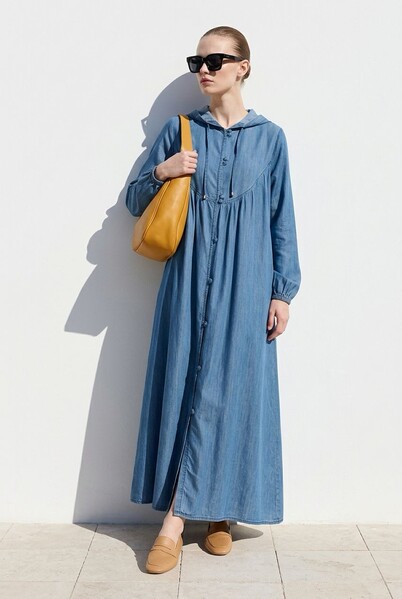 Neways - 6635-Brit Düğmeli Denim Ferace Koyu Mavi