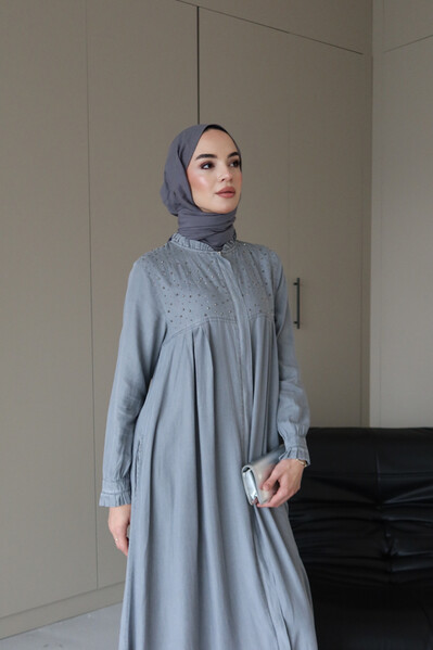 Neways - 6638-Taşlı Tensel Ferace Gri