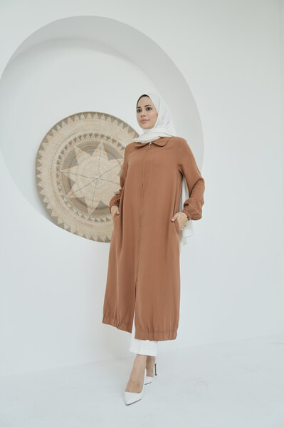 Neways - 6644-Tensel Yakalı Fermuarlı Kap Açık Kahve