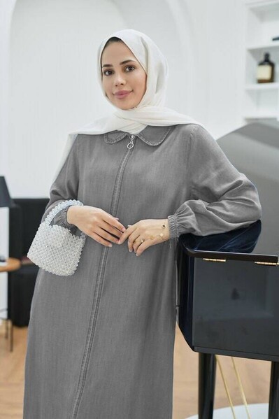 Neways - 6644-Tensel Yakalı Fermuarlı Kap Gri