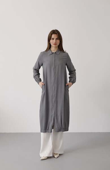 Neways - 6644-Tensel Yakalı Fermuarlı Kap Gri