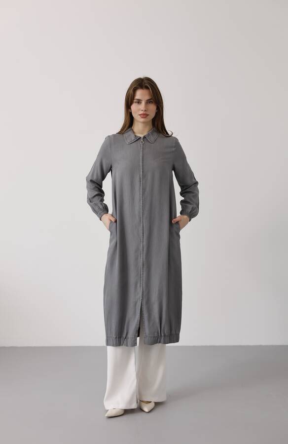 6644-Tensel Yakalı Fermuarlı Kap Gri