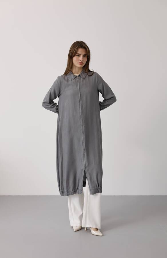 6644-Tensel Yakalı Fermuarlı Kap Gri