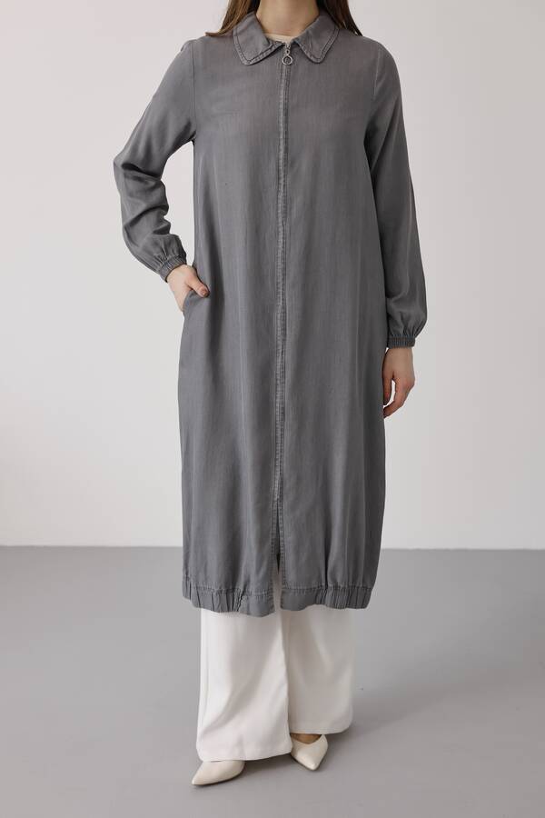 6644-Tensel Yakalı Fermuarlı Kap Gri