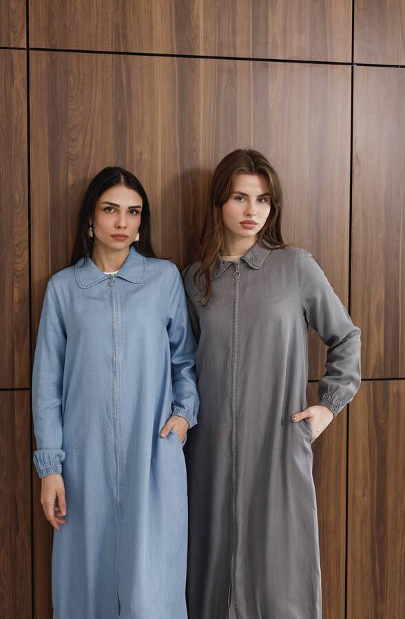 6644-Tensel Yakalı Fermuarlı Kap Gri