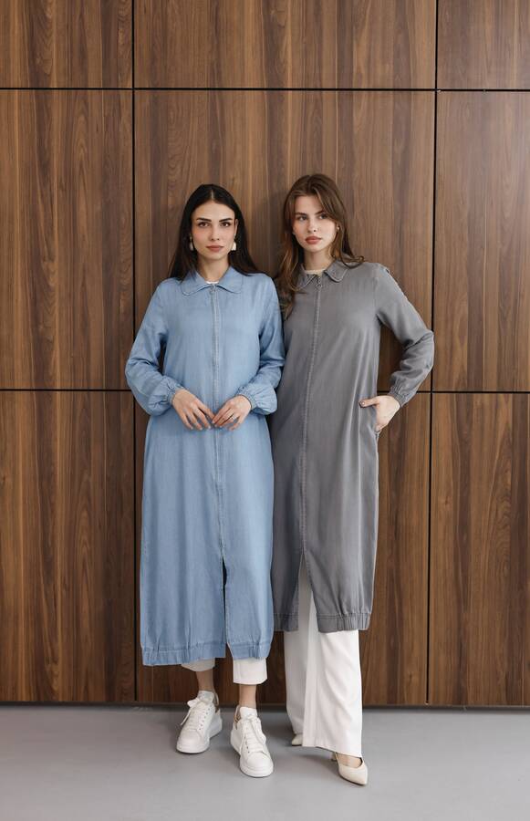 6644-Tensel Yakalı Fermuarlı Kap Gri