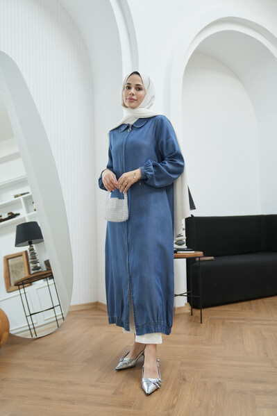 Neways - 6644-Tensel Yakalı Fermuarlı Kap Koyu Mavi