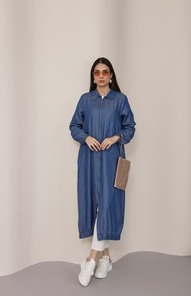 Neways - 6644-Tensel Yakalı Fermuarlı Kap Koyu Mavi