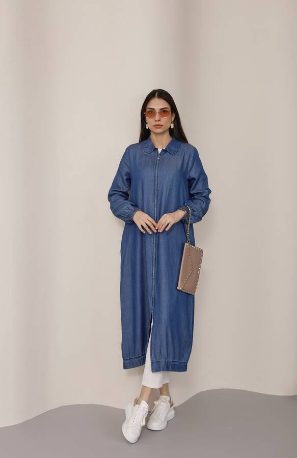 6644-Tensel Yakalı Fermuarlı Kap Koyu Mavi