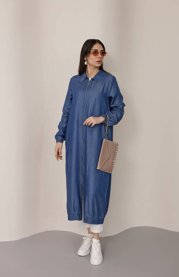 6644-Tensel Yakalı Fermuarlı Kap Koyu Mavi