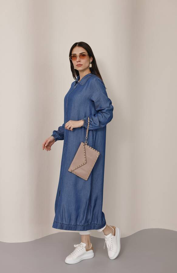 6644-Tensel Yakalı Fermuarlı Kap Koyu Mavi