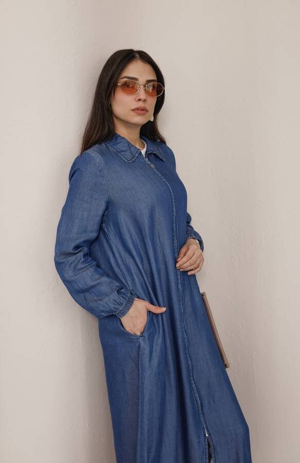 6644-Tensel Yakalı Fermuarlı Kap Koyu Mavi