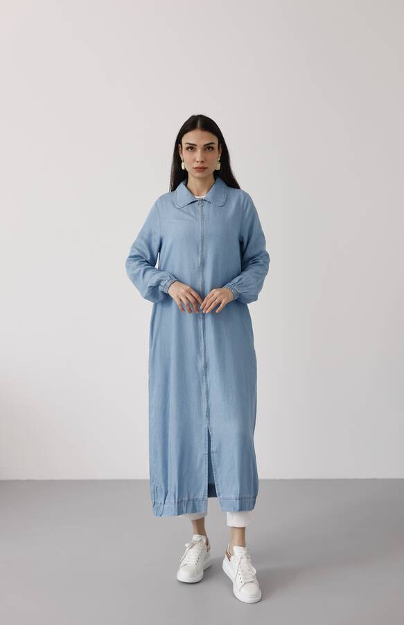 6644-Tensel Yakalı Fermuarlı Kap Mavi