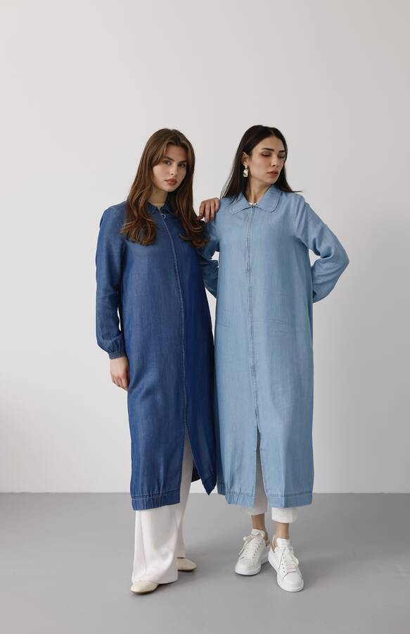 6644-Tensel Yakalı Fermuarlı Kap Mavi