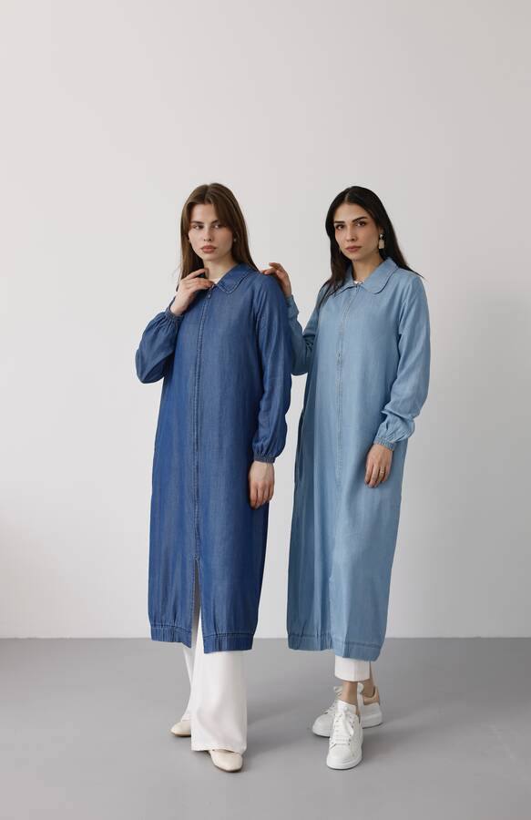 6644-Tensel Yakalı Fermuarlı Kap Mavi