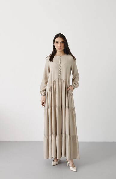 Neways - 6646- Parça Boya Tensel Britli Düğmeli Büzgülü Elbise Bej