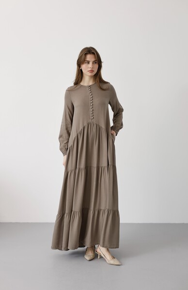 Neways - 6646- Parça Boya Tensel Britli Düğmeli Büzgülü Elbise Haki