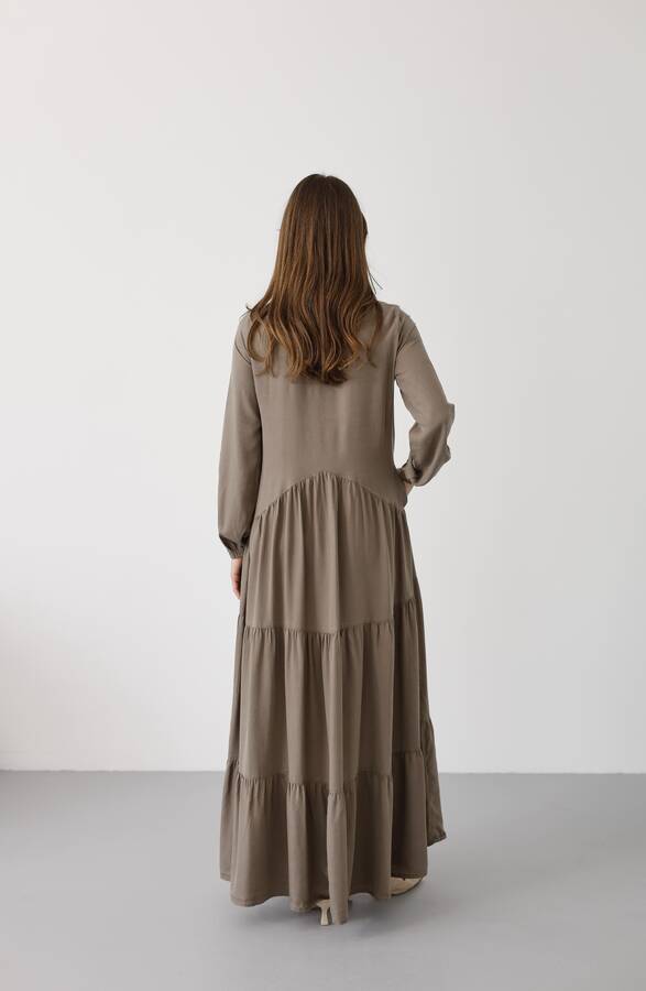 6646- Parça Boya Tensel Britli Düğmeli Büzgülü Elbise Haki