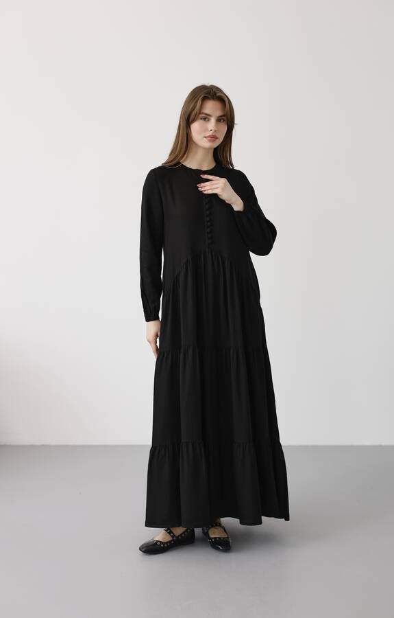 6646- Parça Boya Tensel Britli Düğmeli Büzgülü Elbise Siyah