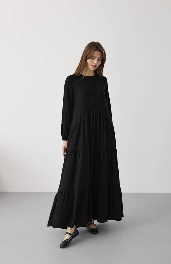 6646- Parça Boya Tensel Britli Düğmeli Büzgülü Elbise Siyah