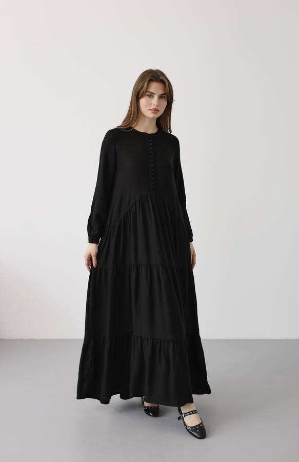 6646- Parça Boya Tensel Britli Düğmeli Büzgülü Elbise Siyah