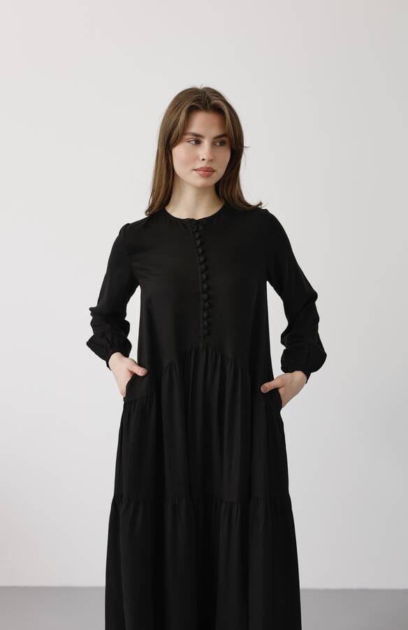 6646- Parça Boya Tensel Britli Düğmeli Büzgülü Elbise Siyah