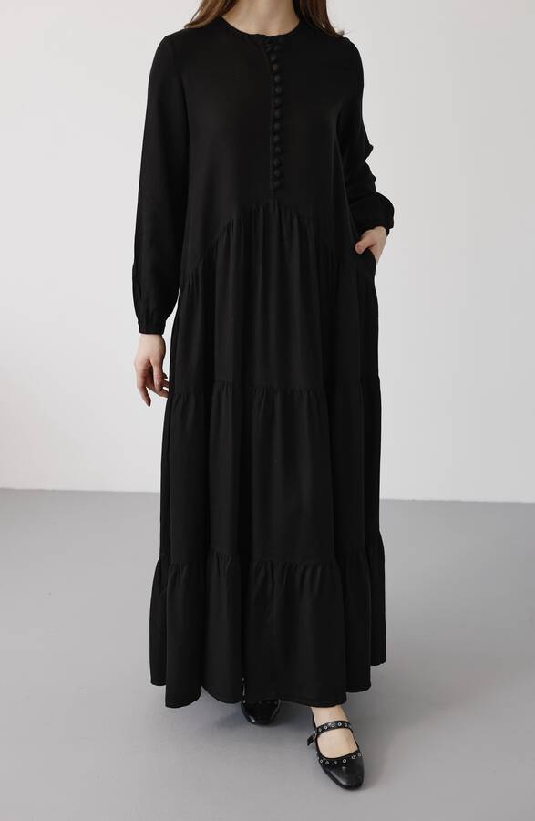 6646- Parça Boya Tensel Britli Düğmeli Büzgülü Elbise Siyah