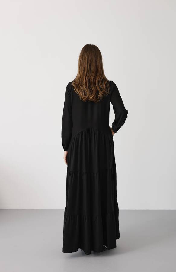 6646- Parça Boya Tensel Britli Düğmeli Büzgülü Elbise Siyah