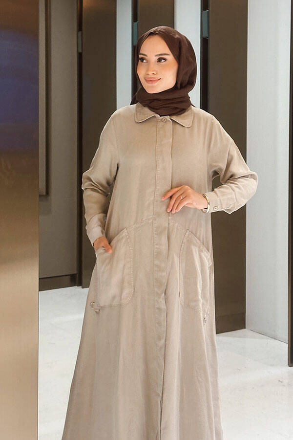 6648-Parça Boya Tensel Düğmeli Ferace Bej