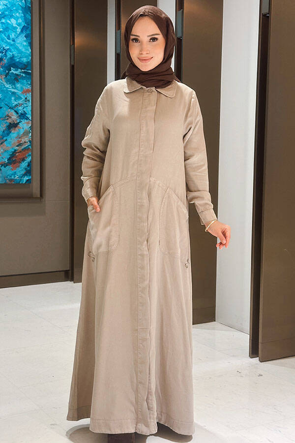 6648-Parça Boya Tensel Düğmeli Ferace Bej