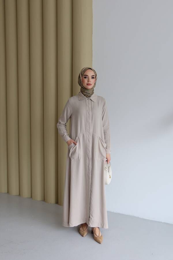 6648-Parça Boya Tensel Düğmeli Ferace Bej