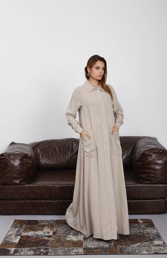 6648-Parça Boya Tensel Düğmeli Ferace Bej