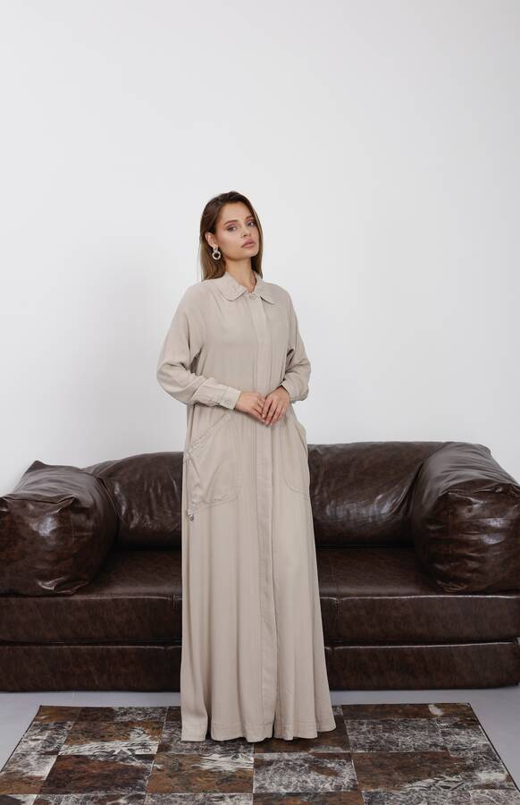 6648-Parça Boya Tensel Düğmeli Ferace Bej