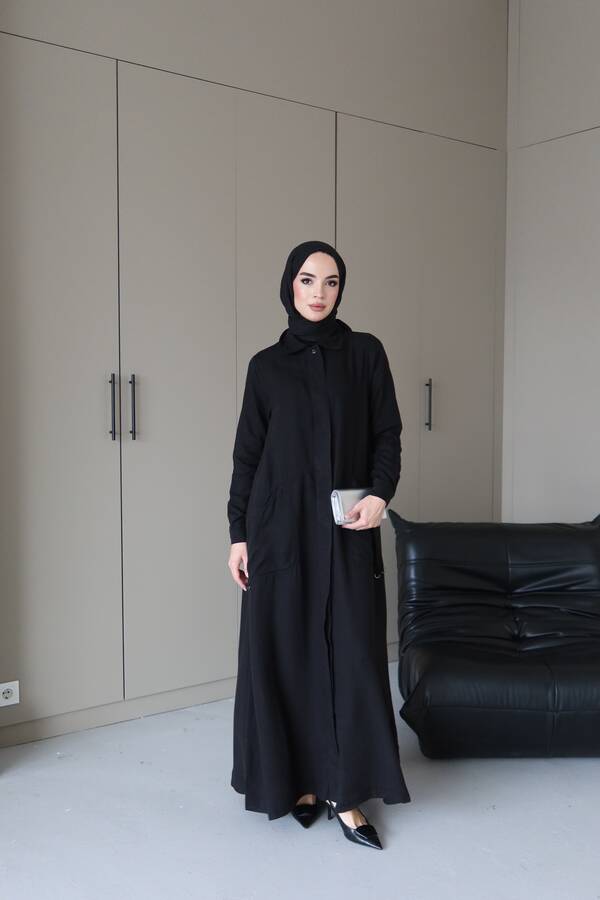 6648-Parça Boya Tensel Düğmeli Ferace Siyah