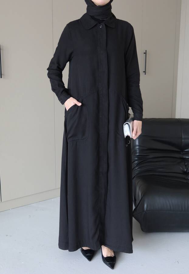 6648-Parça Boya Tensel Düğmeli Ferace Siyah