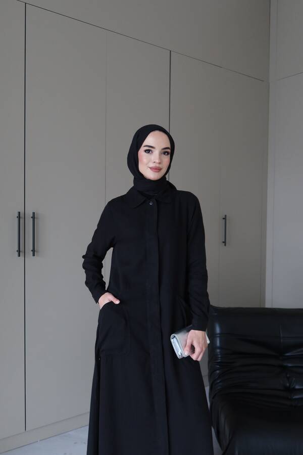 6648-Parça Boya Tensel Düğmeli Ferace Siyah