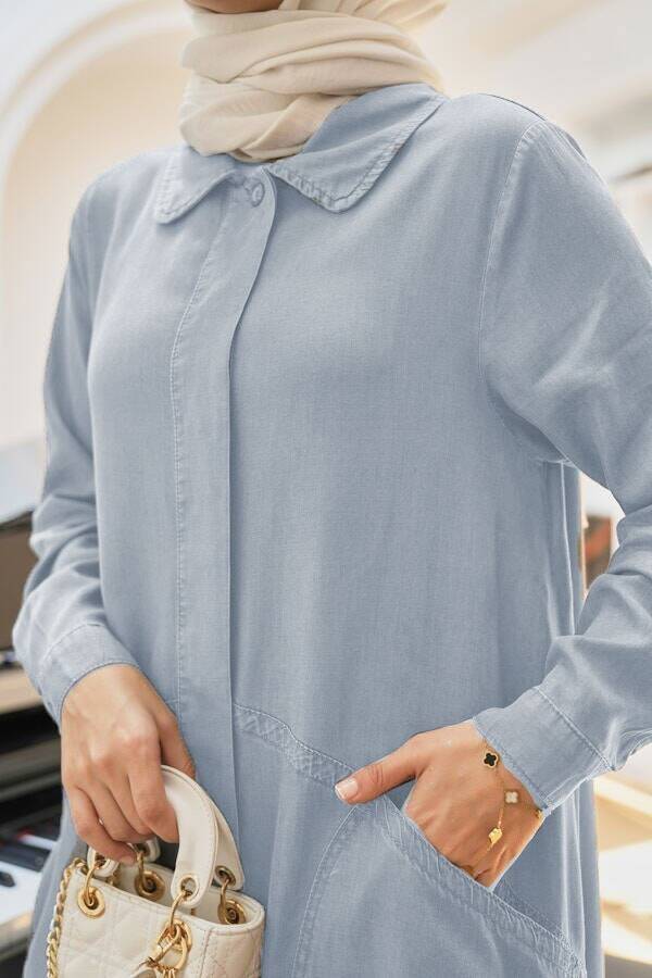 6648-Tensel Düğmeli Ferace Mavi