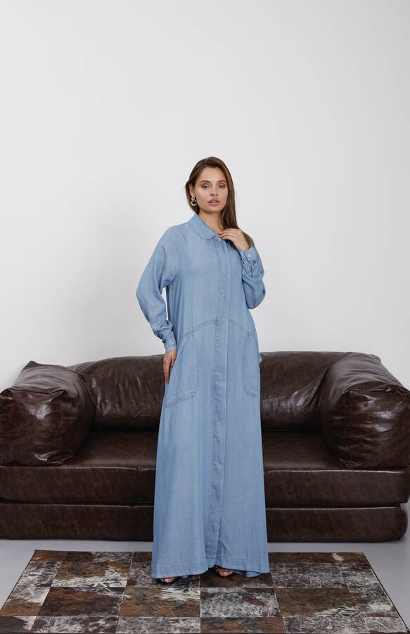6648-Tensel Düğmeli Ferace Mavi