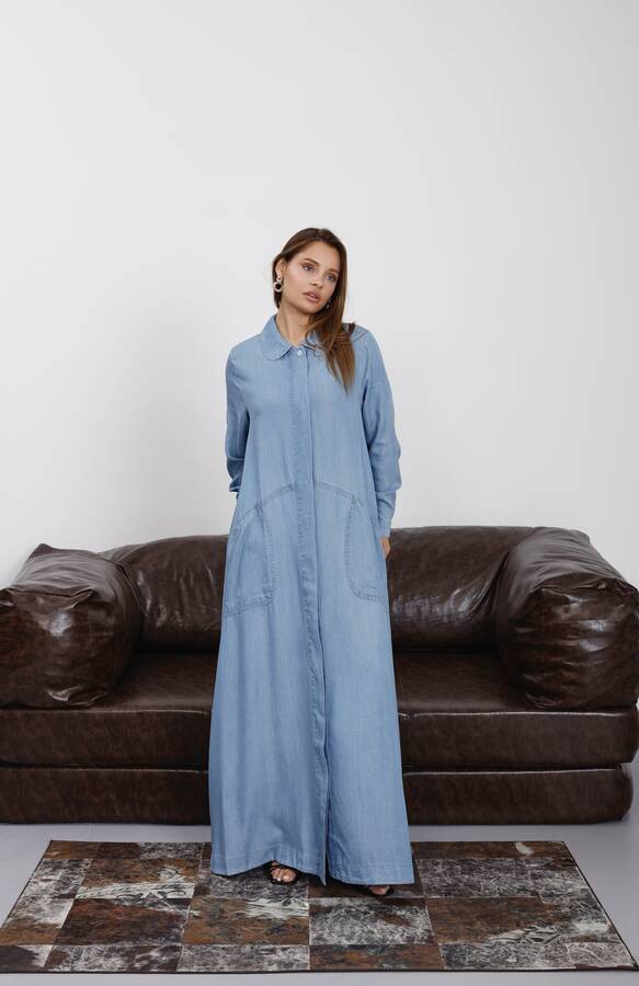 6648-Tensel Düğmeli Ferace Mavi