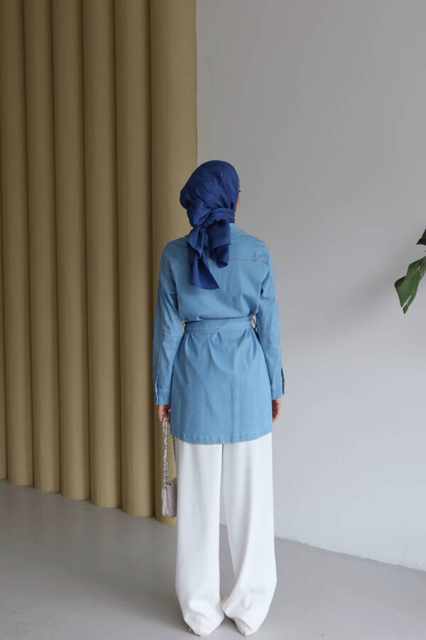 6653-Cepli Kuşaklı Kısa Ceket Mavi