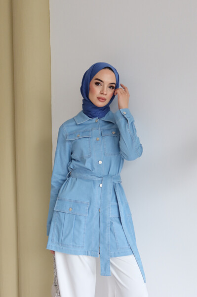 Neways - 6653-Cepli Kuşaklı Kısa Ceket Mavi