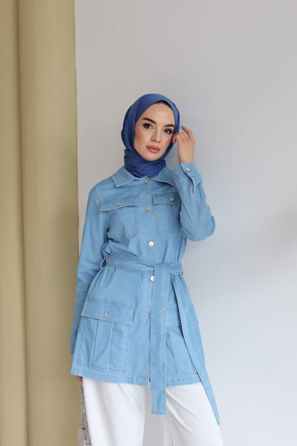 6653-Cepli Kuşaklı Kısa Ceket Mavi