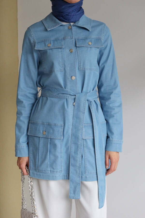 6653-Cepli Kuşaklı Kısa Ceket Mavi