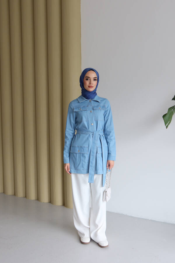 6653-Cepli Kuşaklı Kısa Ceket Mavi